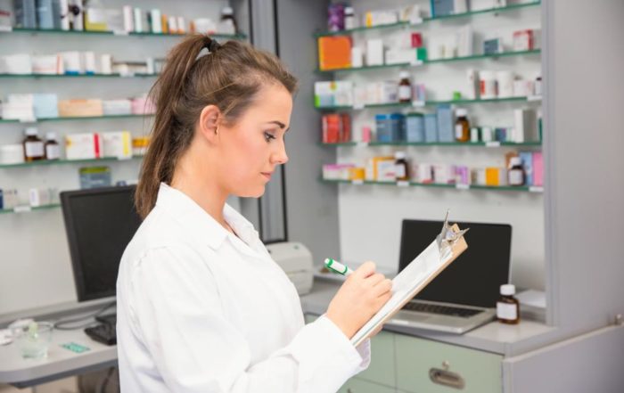 pharmacist checking products